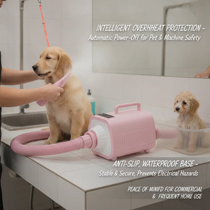 Professional Pet Hair Dryer 2100W Dog Grooming Blow Dryer with Touch Screen, 9 Speed & 9 Temperature Settings (77-140°F), 3 Nozzles & 6.56ft Hose, Overheat Protection, Pink