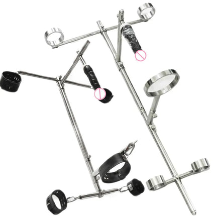 Sex Toys Stainless Steel Bar Spreader with Dildo Holder Restraint Hand Foot Collar Bondage Toture Rack Frame Handcuffs BDSM Tool