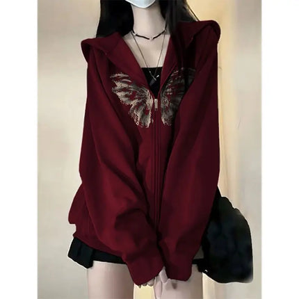 Trendy Hooded Cardigan Zipper Butterfly Print Thickened Velvet Sweatshirt for Women in Autumn and Winter Jacket