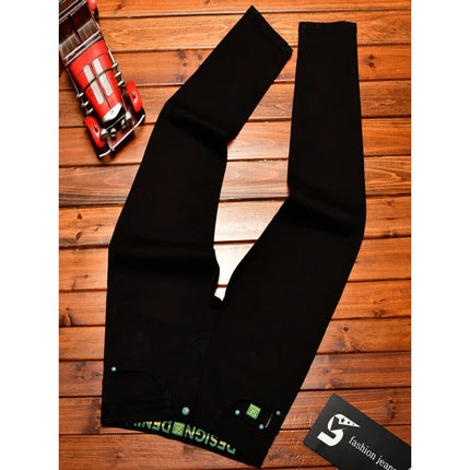 2025Autumn Fashion Simple Black Jeans for Men Trendy Embroidery Print Design Korean Style Stretch Slim Fit Skinny Pants