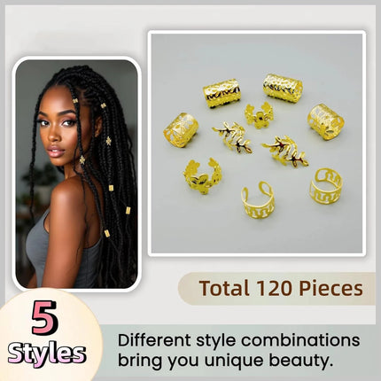 120PCS Rings Gold Cuffs Multi Style Hair Rings  Hair Beads for Braid Loc Dreadlock Accessories for Women and Girls