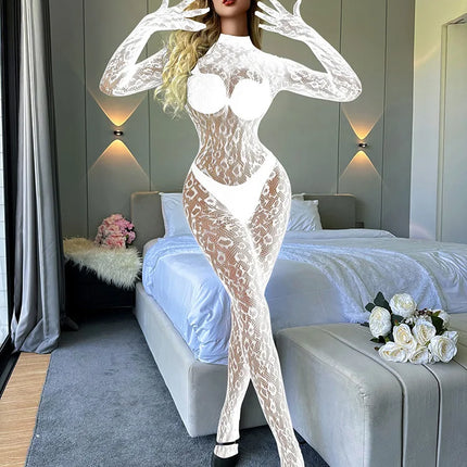 Toucheart Erotic Mesh Bodysuit Leopard Print Hollow Out Sexy Uniform Women Body Shaping See-through Seductive Hot Flirt Bodysuit