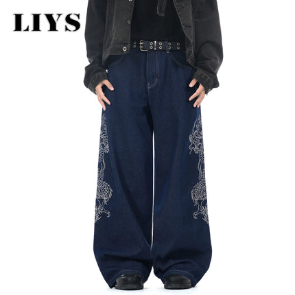 LIYS New Men's Blue Baggy Dragon Embroidered Wide Leg Jeans Spring Summer Classic Blue Baggy Washed Denim Pants Unisex Clothing
