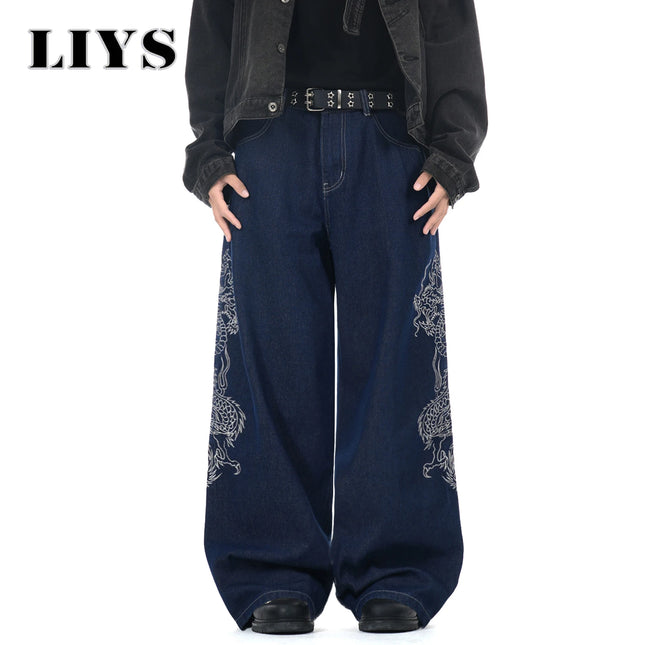LIYS New Men's Blue Baggy Dragon Embroidered Wide Leg Jeans Spring Summer Classic Blue Baggy Washed Denim Pants Unisex Clothing
