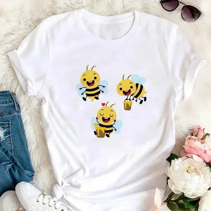 Cartoon Bee Pattern Print Summer Children's Short-Sleeved Shirt Kid Fashion Cotton T-shirt Girl Comfortable Leisure Top Clothes