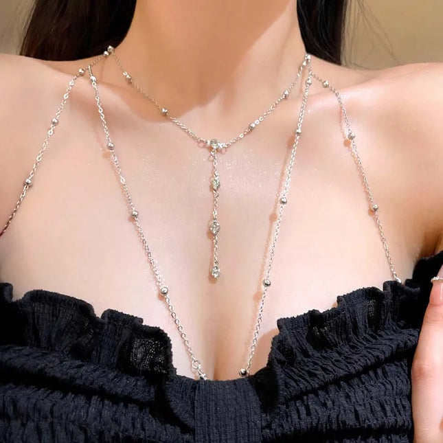 Luxury Square Crystal Chest Chain for Women Multilayer Silver Color Metal Beads Zircon Body Chain Sexy Beach Bikini Jewelry Gift