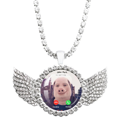 John Pork Is Calling Answer Call Phone Humor Funny Pig Graphic Glass Cabochon Angel Wings Pendant Necklace Jewelry Giftwholesale