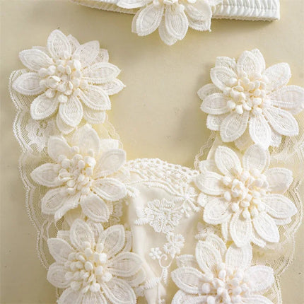 0-24 Months Baby Girl Romper Dress Outfit Flower Embroidery Tie-Up Mesh Bodysuits Bow Headband 2 Piece Summer Set