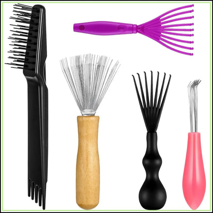 5-Piece Comb and Brush Cleaner Tool Set - Hair Brush Rake, Cleaning Brush, Maintenance Comb for Home and Salon