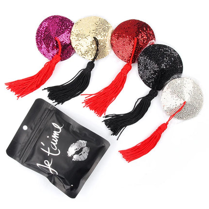 1 Pair Tassel Sequins Round Nipple Stickers Women Sexy Bra Nipple Cover Self Adhesive Reusable Wear Bra Pasties Chest Stickers