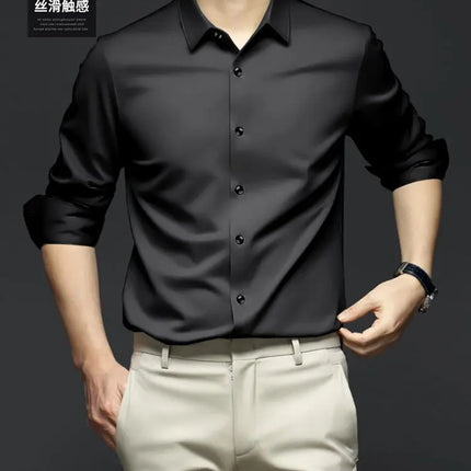 S-6XL Men's Long Sleeve Shirt Luxury Wrinkle Resistant Pure White Shirt Business Dress Casual Ice Silk Glossy Shirt