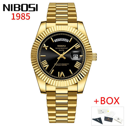 NIBOSI Brand Luxury Gold Red Quartz Watch for Men, Stainless Steel, Waterproof, Luminous, Date, Week, Fashion Men's Watches, Reloj Hombre