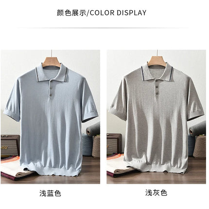 85% Silk + 15% Cashmere Men's T-shirt Casual Solid Color Knitted Pullover Short Sleeved Polo Neck Tees Basic Tops