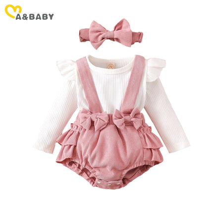 ma&baby 0-18M Baby Girls Romper Toddler Newborn Infant Fall Spring Jumpsuit Knit Long Sleeve Romper Bow Headband Outfits