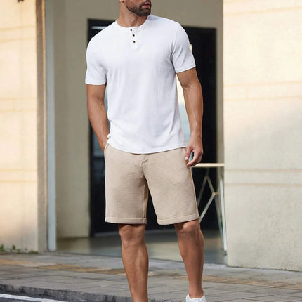 Men's Waffle Texture Slim Fit Shorts Solid Color Button Waist Summer Casual Outdoor Multi-Color Trousers
