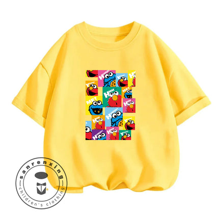 2026 Summer Cute Kawaii Sesame Street Crew Neck Tshirt 3-14Y Kids Boys Girls Cartoon Street Hot Fashion Outdoor Casual