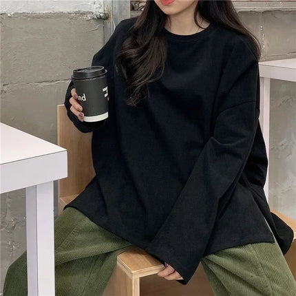Harajuku Long T-Shirt Spring Autumn Solid Simple Oversized T-shirt for Women Goth T-shirts Split White Black Long Sleeve Tops