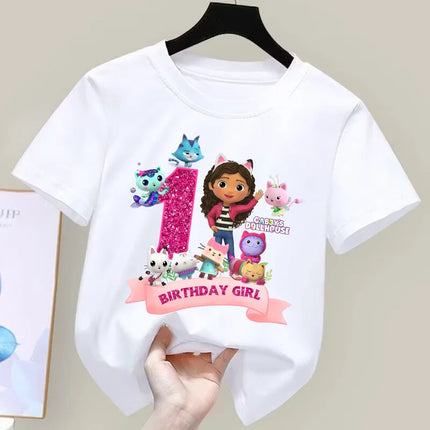 Gabby's Dollhouse Birthday Number T-shirt Girls White Pink Short Sleeve T-shirts Tops Cotton Summer Casual Party Supplies Tee