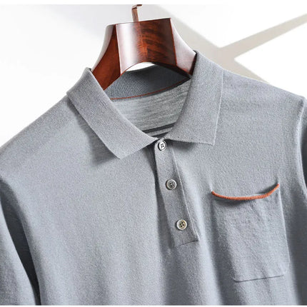Spring and Summer New Polo Collar 100% Fine Wool Short Sleeve Men's Business Casual T-Shirt with Turn-down Collar and Pocket