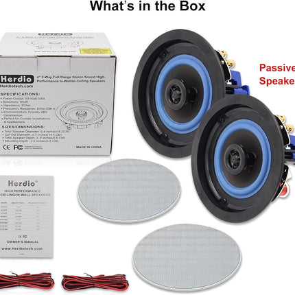Herdio 4'' 2PCS Passive Ceiling Speakers In Wall Mount Speakers With 160W Powerful Bass For Bathroom kitchen living Room Office