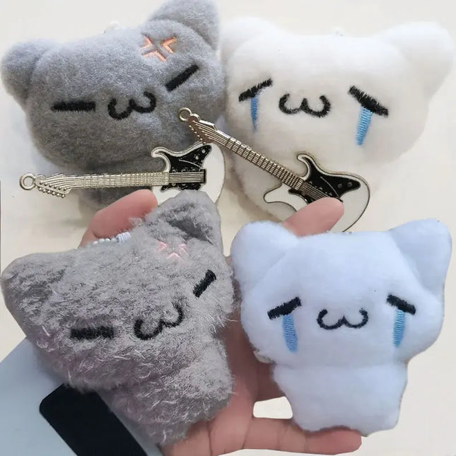 2pcs Cute Guitar Ghost Cat Couple Keychain Mini Crying Cat Doll Plush Keyring