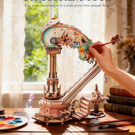 ROKR Magic Harp Music Box Wooden 3D Puzzle 350-Piece DIY Mechanical Model Building Kit for Home Desk Bookshelf Decor Gift for Adults Kids