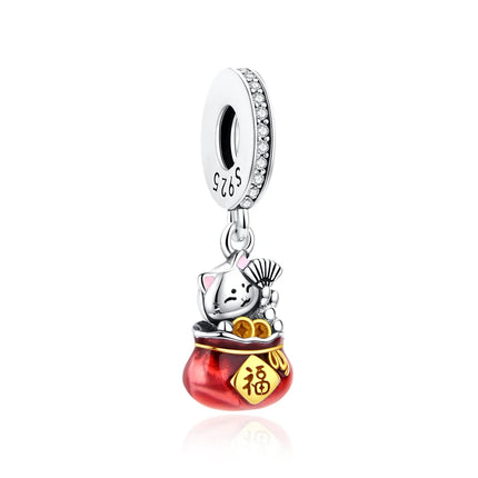 925 Sterling Silver Charms Beads Original Japanese Doll Fortune Cat Charm Fit Brand Bracelets Bangles DIY Jewelry For Women