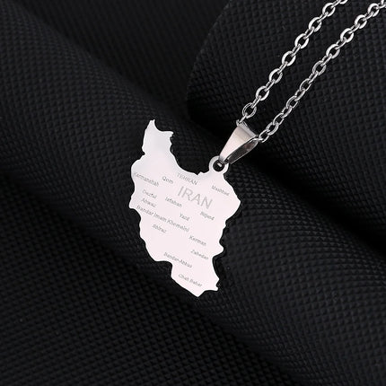 1Pcs New Stainless Steel Iran Map Hollow Heart Pendant Necklace Men's and Women's Versatile Sweater Chain Accessories Pendant