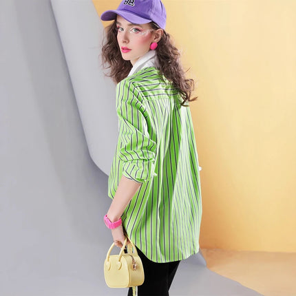 Spring new striped stitching high-end temperament casual women's shirt top for women