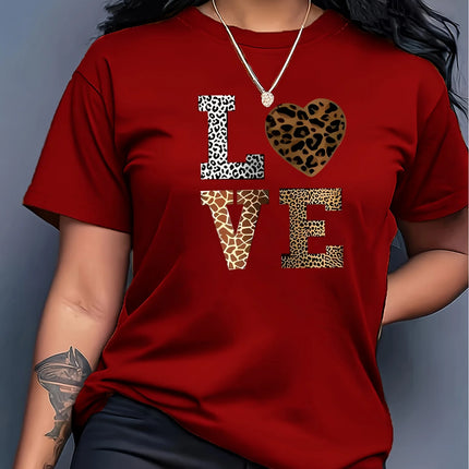Fashion White "Love" Leopard Heart Pattern T-shirt-Casual round Neck Short Sleeves Casual T-shirt Leopard Heart Pattern