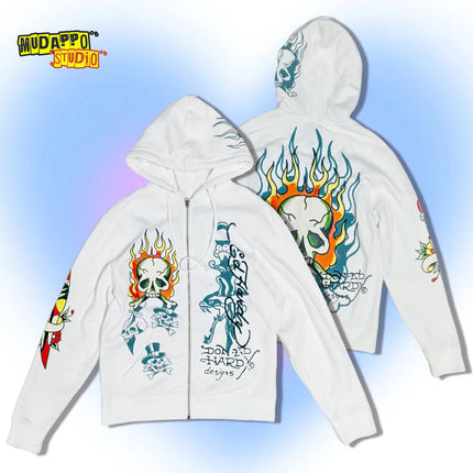 Retro American Rock Print Fleece Lined Hoodie Jacket for Women Punk Street Style Zipper Closure Long Sleeve Oversized Sweatshirt