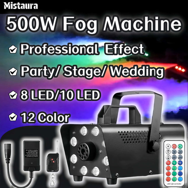 500W 12-Color Fog Smoke Machine 8 LED 10 LED Remote Control Professional Special Effect Stage for DJ Disco Party Setting