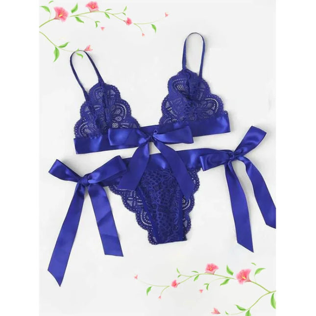 Sexy Lace Split-Cut Lace Bikini Fashion Strapping Three-Point Bowknot Bralette Lingerie Underwear Women Set See Through Bra