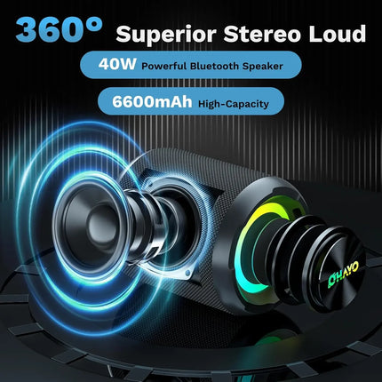 OHAYO 40W Portable Wireless Speaker - Waterproof IP67 with Lights Stereo Loud Sound And Deep Bass for Outdoor Speakers Gifts