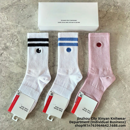 New Men Women Combed Cotton Embroidered Logo Two Bars Casual Sports Socks Running Fitness Breathable Trendy Socks
