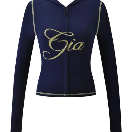 Gia Slim-Fit Letter Print Topstitching Design Hooded Zip-Up Jacket and Pants Set