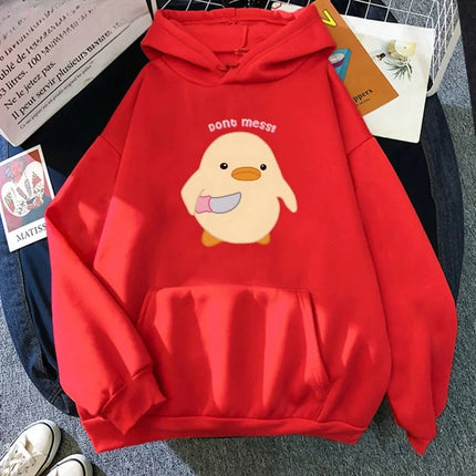 Don‘t Mess Duck Holding Knife Kawaii Cartoon Print Woman Hoodies Sweatshirts Harajuku Female Long Sleeve Casual Streetwear