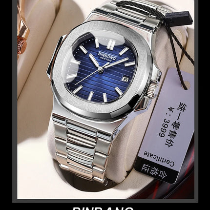 BINBOND Luxury Military Man Watch Square Waterproof Luminous Date Week Men Watch Stainless Steel Quartz Men's Watches Reloj