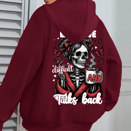 Expensive Talks Back Coffee Butterfly Skulls Print Women Hoody Autumn Hoodies Casual Loose Pullover Jogging Pocket Sportswear