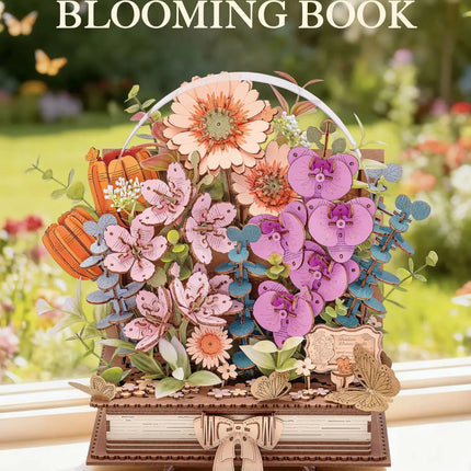 Rolife 3D Puzzle Wooden Blooming Book DIY Artificial Flower Bouquet Model Building Kit for Home Decor Wedding Mother's Day Valentine's Day Gift for Women Adults