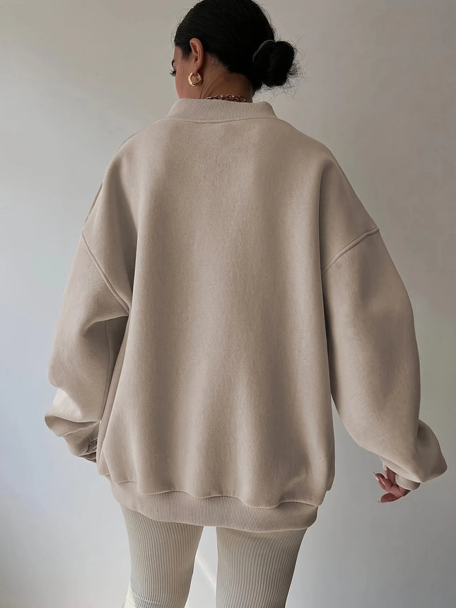 Cozy Women's Solid Color Pullover Sweatshirt, Long Sleeve V Neck Casual Wear for Fall & Winter Seasons