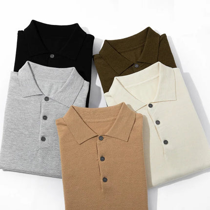 Men's short sleeved polo shirt, stylish top, knitted T-shirt, 2024 summer wool blend casual business pullover
