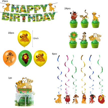 Lion King Birthday Party Decorations Kit Simba Happy Birthday Banner Balloons Cake Cupcake Toppers Hanging Swirls Party Supplies