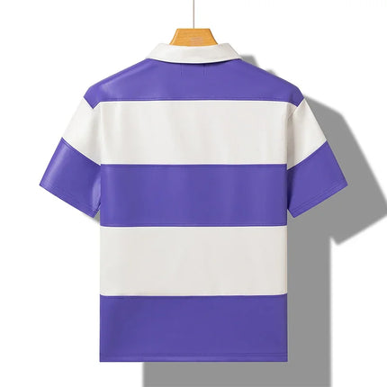 Splice Color Stripe Pu Leather Lapel Collar T Shirt Black Purple Red Polo Shirt Men Women High Quality Casual Short Sleeve Tops