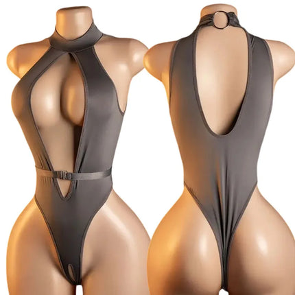 Erotic Open Bra Lingerie Crotchless Underwear Sexy Costume Deep V Open Hollow Bodysuit Hanging Neck Baby Doll Dress Cosplay Set