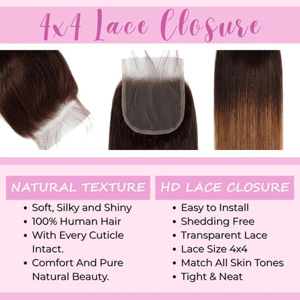 4x4 Lace Closure Straight Brazilian Human Hair Free Part Silky Straight Lace Closure T4/30 Brown