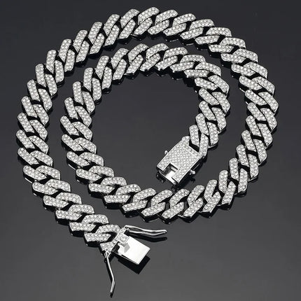Hip Hop Shiny 15MM Cuban Link Chain Necklace Women Men Silver Color Rhinestone Iced Out Cuban Chain Punk Jewelry Necklace Gift