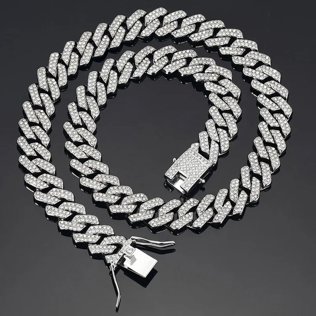 Hip Hop Shiny 15MM Cuban Link Chain Necklace Women Men Silver Color Rhinestone Iced Out Cuban Chain Punk Jewelry Necklace Gift