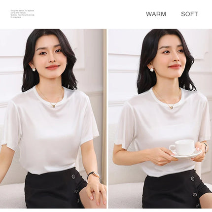 Summer Women's Short Sleeve O-Neck T-Shirt Knitted Acetate Fabric High-End Thin Pullover Top for Ladies