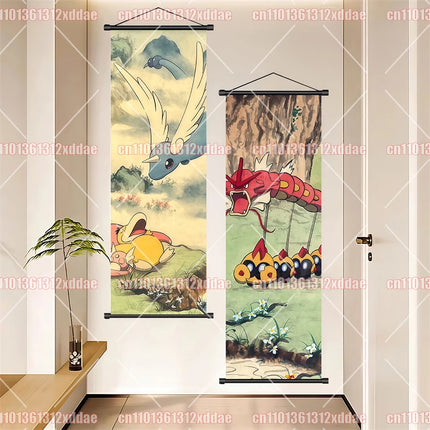 Classic Anime Pokémon Retro Scroll Painting Poliwhirl Pikachu Eevee Charizard Dragonite Squirtle Bulbasaur Creative Poster Gift